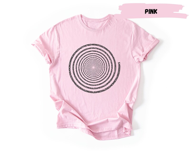 A pink t-shirt with a spiral design on it.