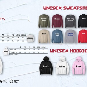 The image is a collage of various sweatshirts and hoodies, showcasing different styles and colors. It includes images of different sizes and styles of sweatshirts and hoodies, along with their corresponding measurements and descriptions.