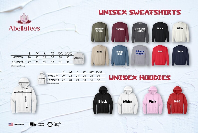 The image is a collage of various sweatshirts and hoodies, showcasing different styles and colors. It includes images of different sizes and styles of sweatshirts and hoodies, along with their corresponding measurements and descriptions.