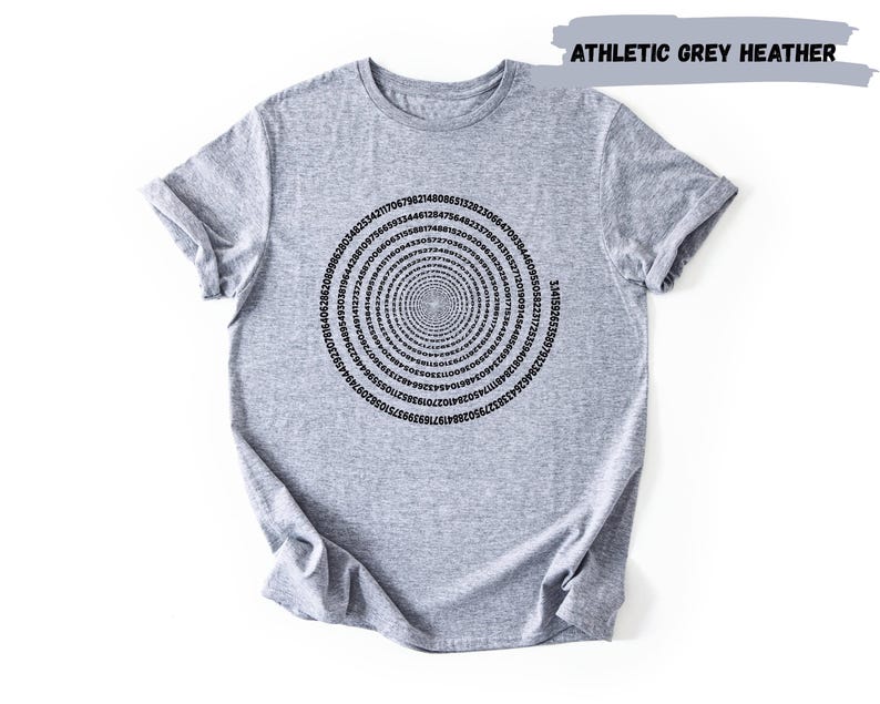 A gray t-shirt with a spiral design printed on it.