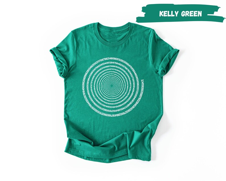 A green t-shirt with a spiral design on it, displayed against a white background.