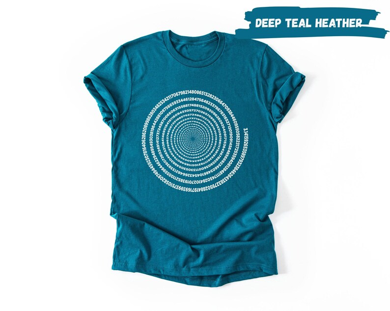 A teal-colored t-shirt with a spiral design printed on it, displayed against a white background.
