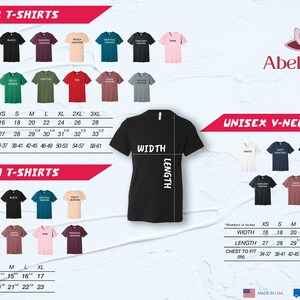 May include: A chart showing the size measurements for unisex t-shirts, v-neck t-shirts, and youth t-shirts. The chart includes measurements for width, length, and chest to fit in inches. The chart also includes a variety of colors for each type of shirt.