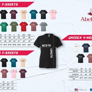 The image is a collage of various t-shirt designs and sizes, including both male and female options, as well as youth t-shirts. The collage provides a visual representation of the different styles and sizes available for purchase, with measurements and corresponding numbers in inches.