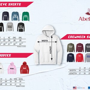 May include: Size chart for long sleeve shirts, hoodies, and crewneck sweatshirts. The chart shows the width and length measurements in inches for each size: small, medium, large, extra large, 2XL, and 3XL. The shirts are available in a variety of colors.