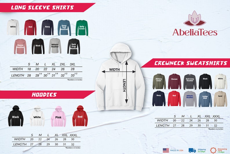 May include: Size chart for long sleeve shirts, hoodies, and crewneck sweatshirts. The chart shows the width and length measurements in inches for each size: small, medium, large, extra large, 2XL, and 3XL. The shirts are available in a variety of colors.