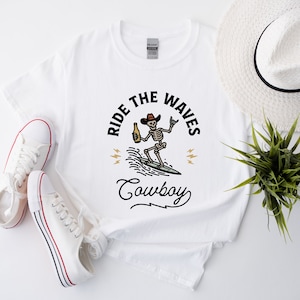 Ride The Waves Shirt, Surfing Cowboy Skeleton Shirt, Western Summer Cowboy Shirt, Vintage Country Tee, Surfer Gifts