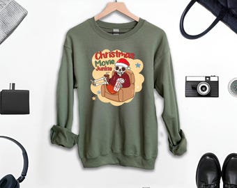 Christmas Movie Junkie Sweatshirt, Christmas Tree Sweatshirt, Christmas Movie Lover Cozy Sweatshirt, Womens Christmas Sweater
