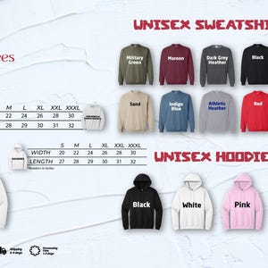 The image is a collage of various sweatshirts and hoodies, showcasing different styles and colors. It includes images of different sizes and styles of sweatshirts and hoodies, along with their corresponding measurements and descriptions.
