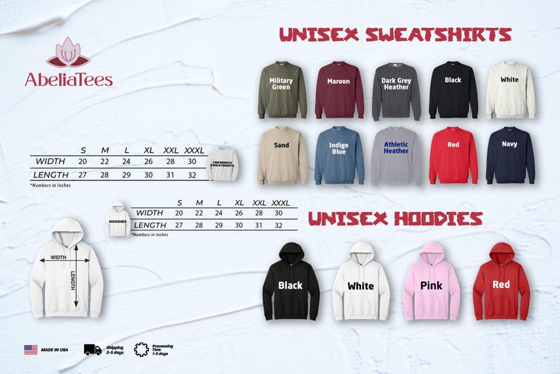 The image is a collage of various sweatshirts and hoodies, showcasing different styles and colors. It includes images of different sizes and styles of sweatshirts and hoodies, along with their corresponding measurements and descriptions.