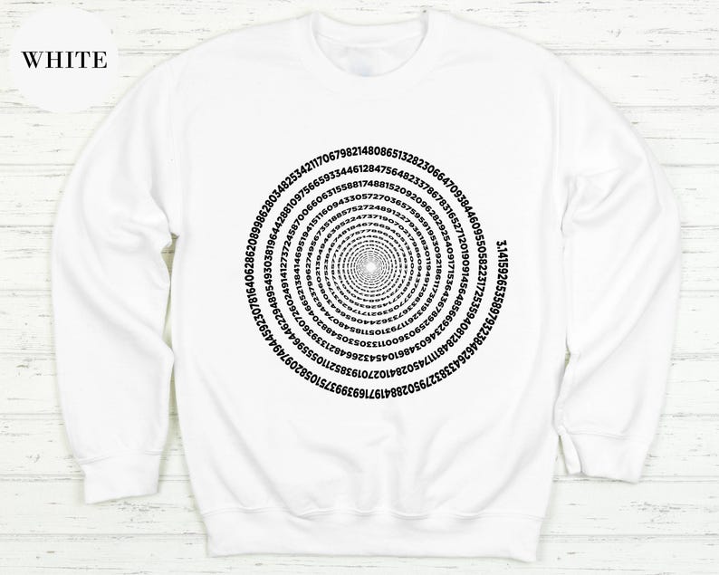 A white sweatshirt with a spiral design on the front.