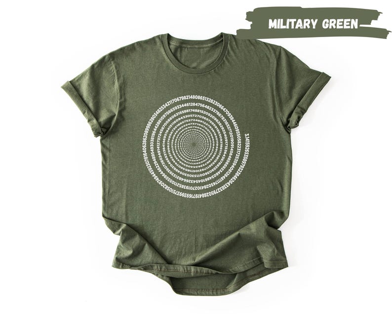 A military green t-shirt with a spiral design on the front.