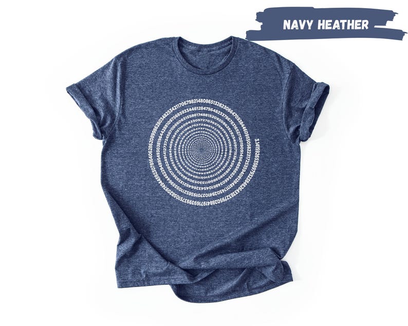 A navy blue t-shirt with a white spiral design on it, displayed against a white background.
