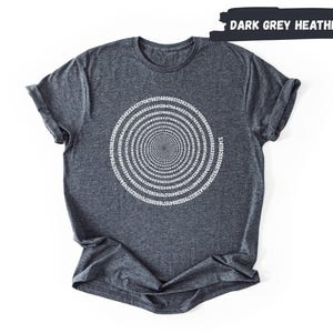 a gray t-shirt with a white spiral design on it.