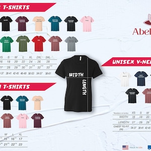 The image is a collage of various t-shirt designs and sizes, including both male and female options, as well as youth t-shirts. The collage provides a visual representation of the different styles and sizes available for purchase, with measurements and corresponding numbers in inches.