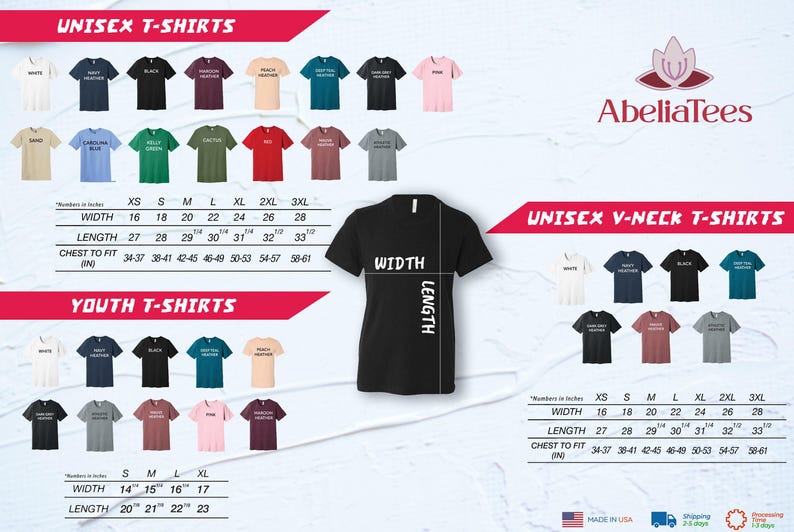The image is a collage of various t-shirt designs and sizes, including both male and female options, as well as youth t-shirts. The collage provides a visual representation of the different styles and sizes available for purchase, with measurements and corresponding numbers in inches.