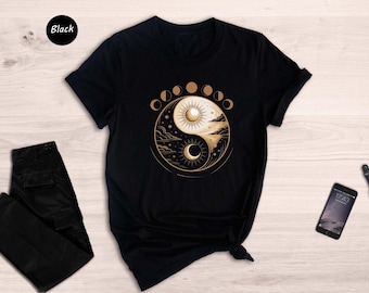 Sun Moon Yin Yang Shirt, Celestial Moon Phases Tee, Mystical Boho Astrology T-shirt, Gift for Her