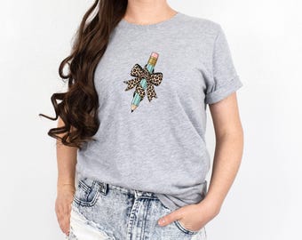 Leopard Pencil Bow Teacher Shirt, Teacher Shirts, Back To School Shirt, Gift For Teacher, Teacher Appreciation, Teacher Coquette