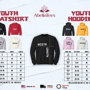 The image is a collage of various youth sweatshirts and hoodies, each with different sizes and colors, along with their corresponding measurements in inches.