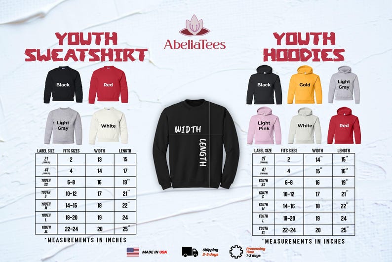 The image is a collage of various youth sweatshirts and hoodies, each with different sizes and colors, along with their corresponding measurements in inches.