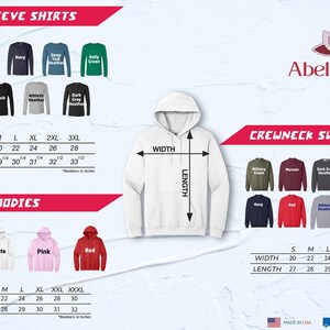 The image is a collage of various long sleeve shirts and crew neck sweatshirts, along with their corresponding measurements and styles.