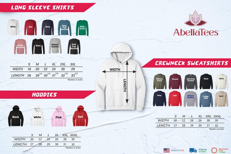 The image is a collage of various long sleeve shirts and crew neck sweatshirts, along with their corresponding measurements and styles.
