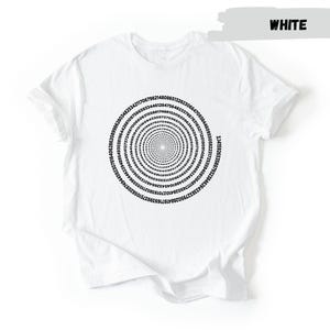 A white t-shirt with a black spiral design printed on it.
