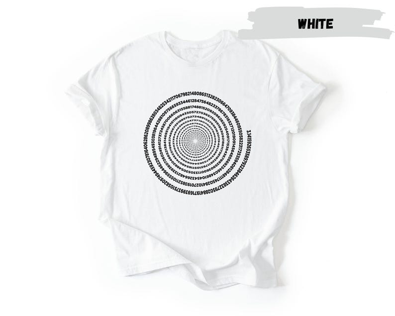 A white t-shirt with a black spiral design printed on it.