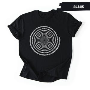 A black t-shirt with a white spiral design on it.