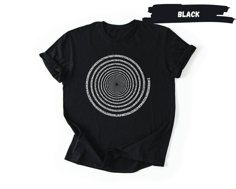 A black t-shirt with a white spiral design on it.