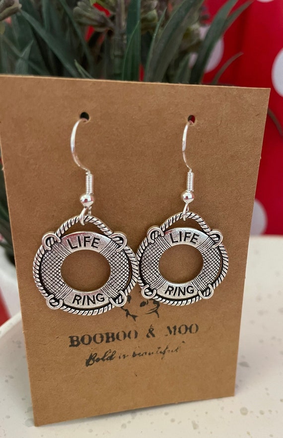 Life ring earrings / lifeguard / swimming / life saver / valentines / gift bag /  silver plated or sterling silver fish hooks