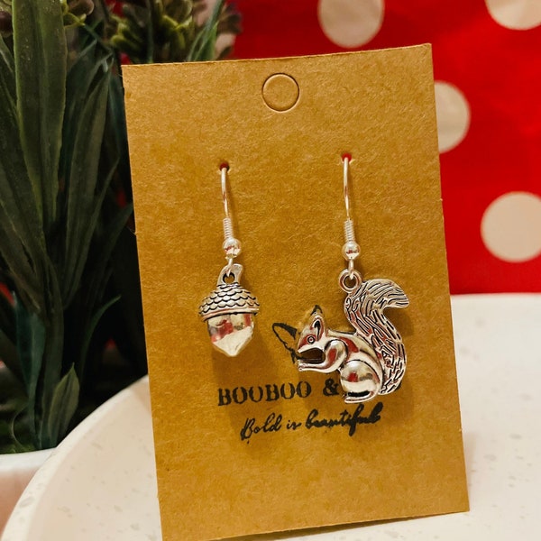 Squirrel and acorn earrings / nature / woodland /  animal / valentines / gift bag /  silver plated or sterling silver fish hooks