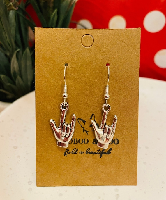 I love you hand signing earrings / sign language / valentines gift  / Mother’s Day /  gift bag / silver plated or sterling silver fish hooks
