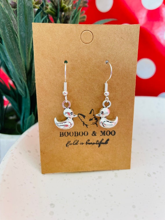 Duck earring / rubber ducky / bird / gift bag / silver plated or sterling silver fish hooks