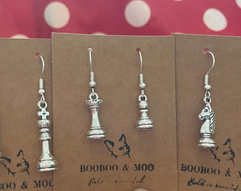 Chess pieces set earrings / knight / rook/queen / king / board game / geek chic  / gift bag /  silver plated or sterling silver fish hooks