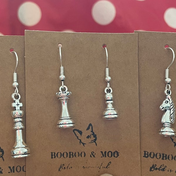Chess pieces set earrings / knight / rook/queen / king / board game / geek chic  / gift bag /  silver plated or sterling silver fish hooks