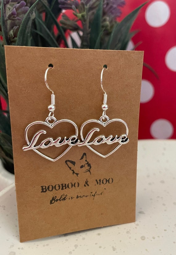 Love heart earrings / valentines / friendship / friends / anniversary / gift bag / Mother’s Day / silver plated or sterling silver fish hook