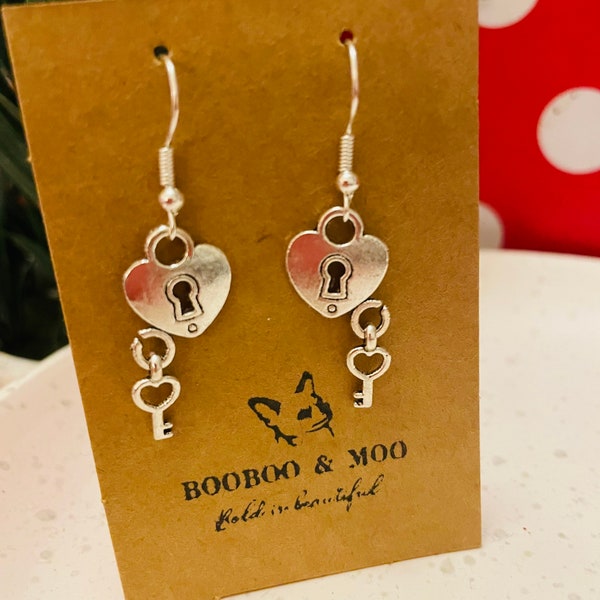 Love heart lock and key earrings / valentines / Mother’s Day / anniversary / in a gift bag / Sterling silver or silver plated fish hooks