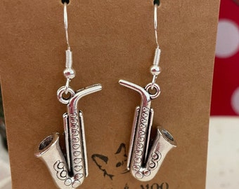 Saxophone earrings / music  / jazz / student / teacher / woodwind  / instrument  / gift bag /  silver plated or sterling silver fish hooks