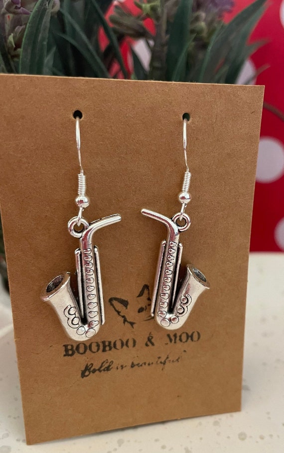 Saxophone earrings / music  / jazz / student / teacher / woodwind  / instrument  / gift bag /  silver plated or sterling silver fish hooks