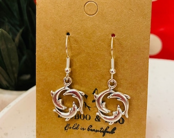 Dolphin earrings / ocean / nature / marine / Mother’s Day / animal lovers / gift bag / silver plated or sterling silver fish hooks