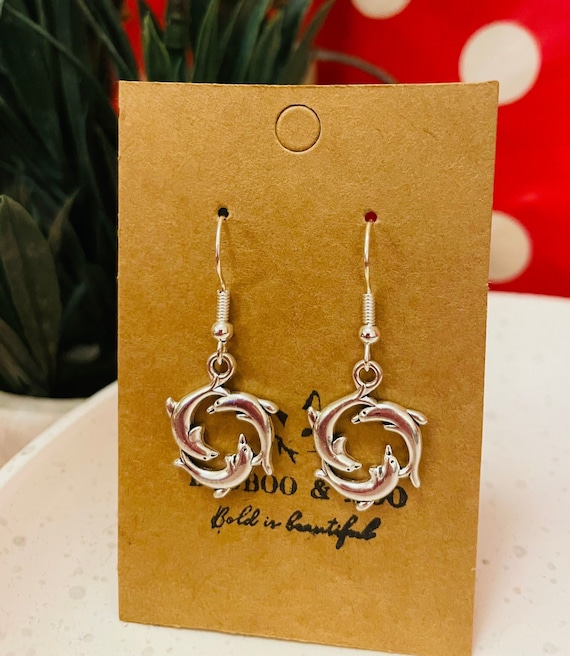 Dolphin earrings / ocean / nature / marine / Mother’s Day / animal lovers / gift bag / silver plated or sterling silver fish hooks