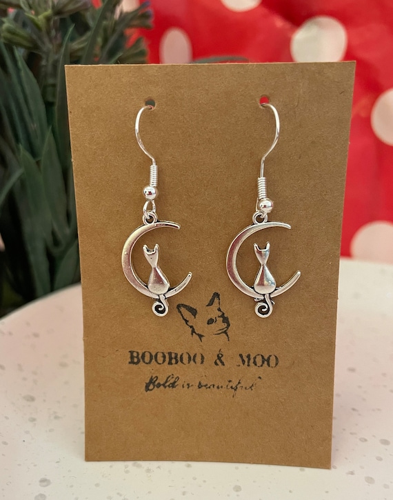 Cat and moon earrings / animal  / Mothers Day / mystical / nature / wildlife / gift bag /  silver plated or sterling silver fish hooks