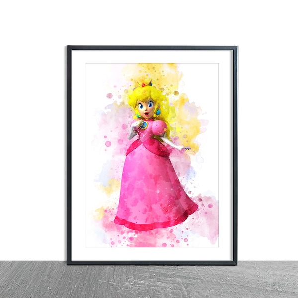 Mario Princess Peach Watercolour Effect Wall Art Print Decor Children kids bedroom personalised gift poster