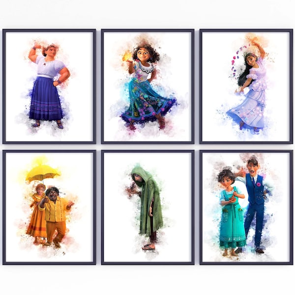 Disney Encanto Set of 6 Watercolour Effect Prints, Mirabel, Bruno, Encanto Wall Art Print Decor | Encanto Prints