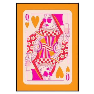 Stampa artistica da parete Regina di Cuori – Poster retrò di carte da gioco, decorazione Girl Power, Pop Art rosa e arancione