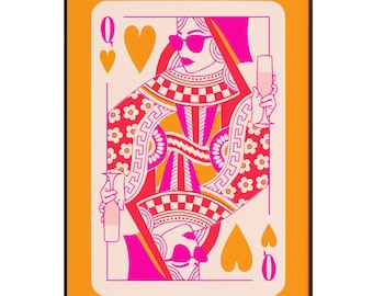 Queen of Hearts Print: Vibrant Retro Pop Art (Orange & Hot Pink)
