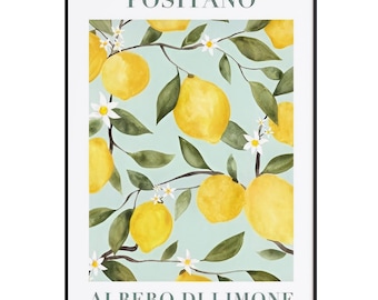 Impression de citronnier de Positano - aquarelle de la côte amalfitaine, art mural cuisine méditerranéenne des Albero di Limone, affiche de voyage italienne