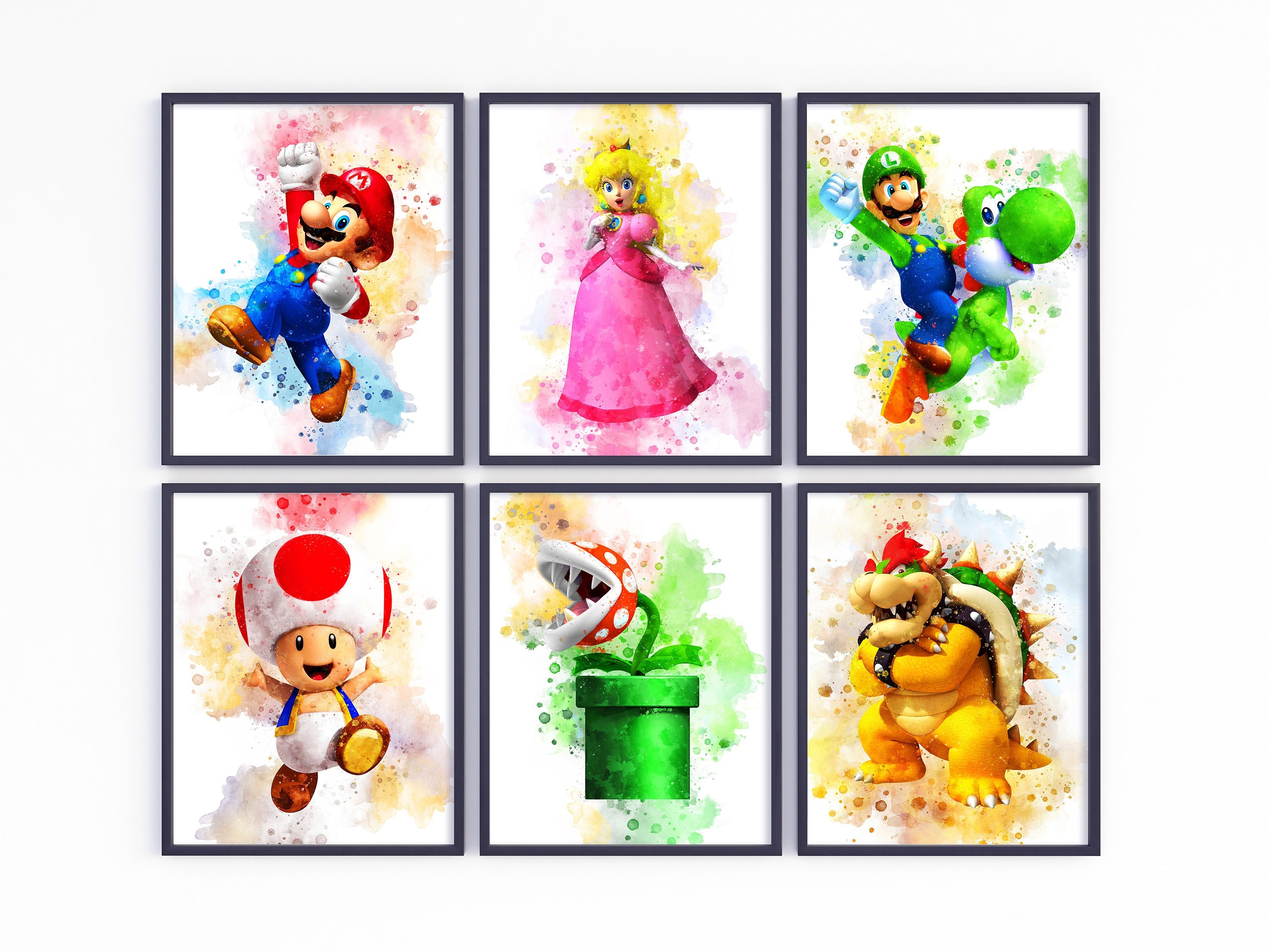 Gwency Design Super Mario Game Watercolor Posters - Set of 6 (8 x 10) -  Super Mario Wall Art Game Room Decor For Kids - Nursery, Bathroom, Playroom