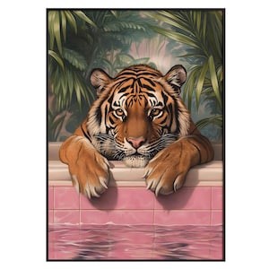 Tigre nella piscina rosa - Stampa artistica da parete con estetica della giungla, decorazione con animali tropicali, stampa artistica da parete con atmosfere retrò